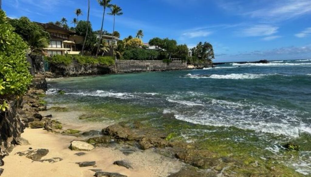 Gorgeous photo of tropical rocky moss covered beach with photo by Hawaii Concierge Couseling by Bruce Berger